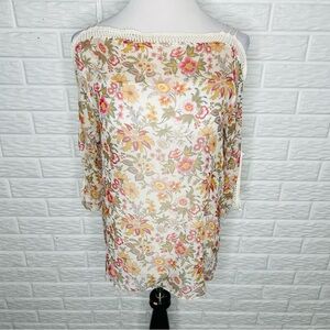 BAILEY 44 Floral Silk Open Ladder Crochet Sleeve Top Blouse Size S